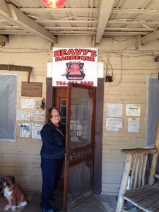 Carolyn about to enter Heavy's Barbecue, down the road, yonder, from Crawfordville, GA.
